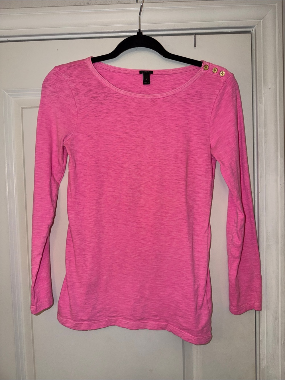 J. Crew Pink Long-Sleeve Crewneck Top with Gold Shoulder Buttons
